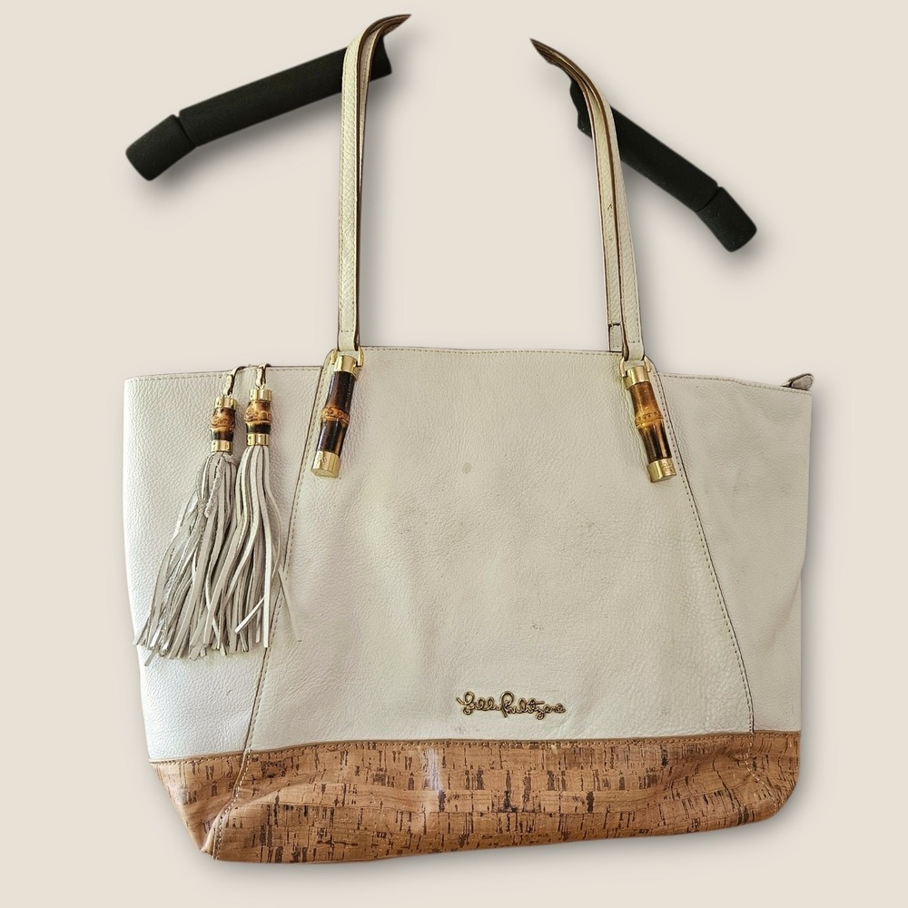 Lilly Pulitzer Cream Pebbled Leather Cork Tote Bag Bamboo Tassel Accents Large